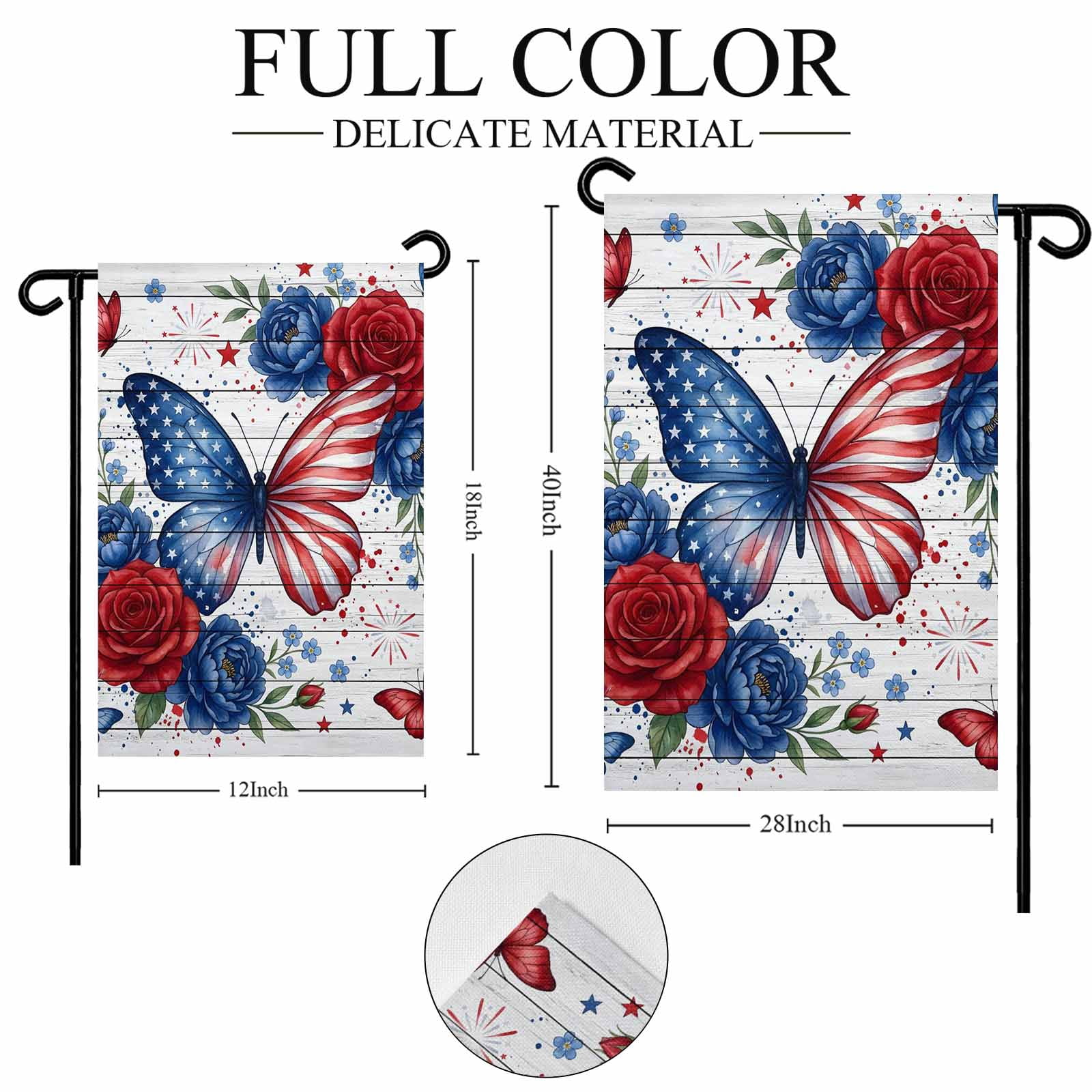 4th of July Garden Flags Red White Blue Butterfly Garden Flag Double Sided Welcome Flag Star Rose Flower Independence Day Yard Flags for Outdoor Lawn Porch Memorial Day Holiday Decor 28x40 Inch