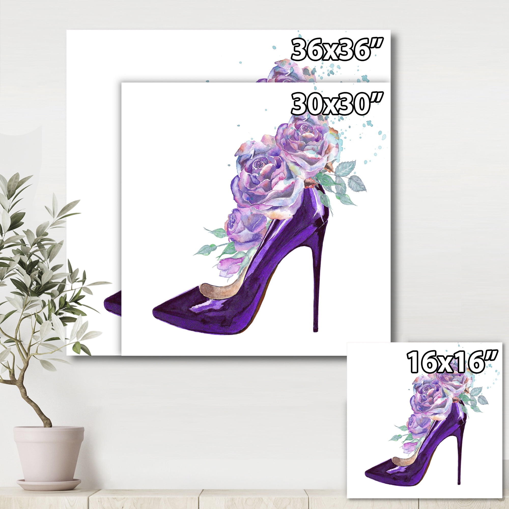 Designart ' Pink VIolet Roses With Dark Purple Stiletto Shoe ' Traditional Canvas Wall Art Print