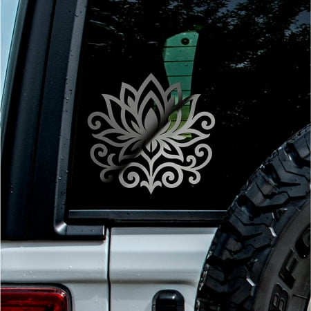 (2 Pcs Metallic Silver 5.0 x 4.8 ) - Vinyl Sticker Decal - Lotus with Swirls Inspired Design - No Background Waterproof - Ideal for Decorating Laptops Water Bottles Cars Trucks | K15472SI