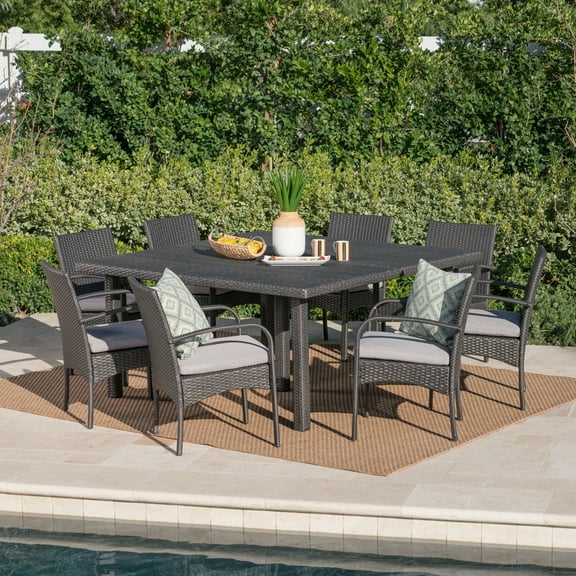 Odin Outdoor 9 Piece Wicker Dining Set with Water Resistant Cushions, Grey, Grey