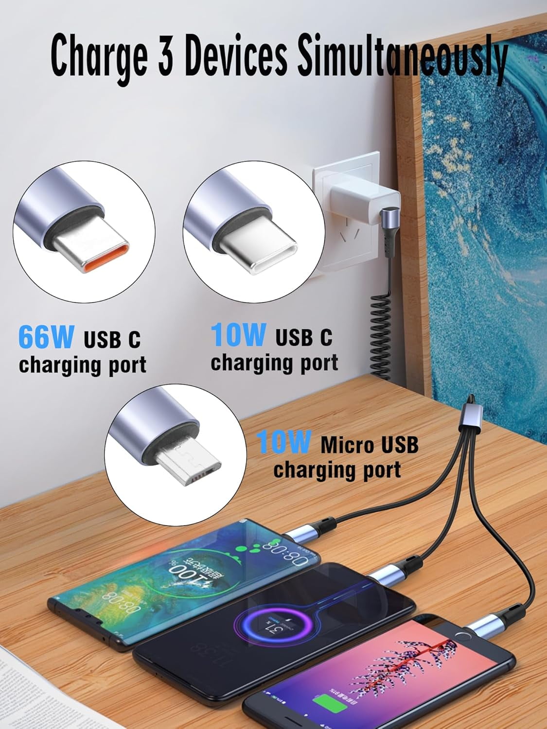 HRTGFD-66W 90 Degree USB C Retractable Spring Splitter Cable with Micro-USB+Type C Connector for Phone,PC,Android,Coiled Multi USB Charging Cable,6A Fast Charging Cord (2 Type C+Mirco USB)