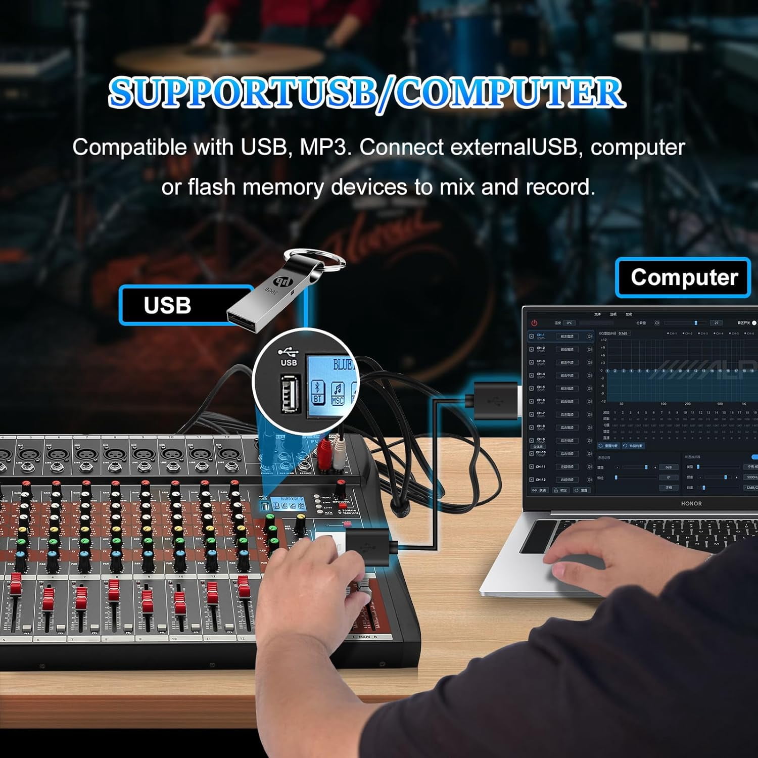12 Channel Mixer Audio Console, Professional Music Mixer DJ Mixing Board with Reverb Bluetooth MP3 Player 48V Phantom Power Supply USB Recording for Studio Karaoke Live Performance