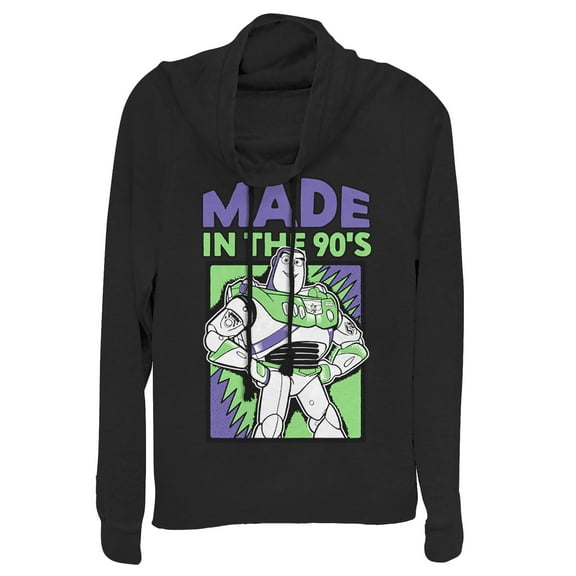 Junior's Toy Story Buzz Lightyear Made in 90s Cowl Neck Sweatshirt Black Small