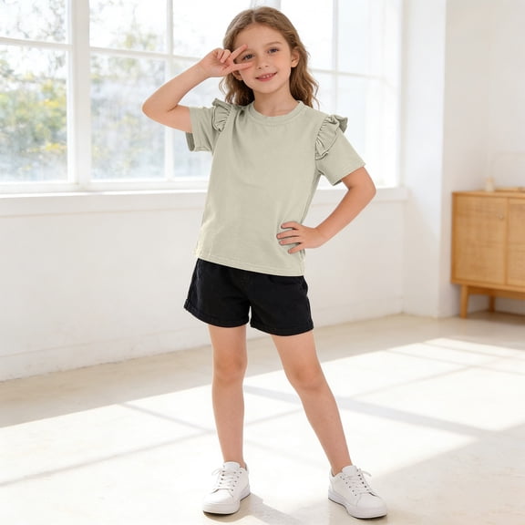 ITSAME Girls T-Shirts, Ruffled Short Sleeve Cotton Crewneck Summer Casual Fashion Comfortable Tops Green Size 3T