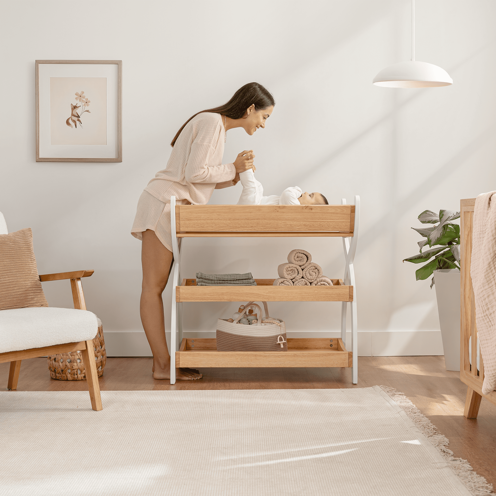 Comfy Cubs Baby Changing Table with Two Open Shelves for Storage - Natural Wood with White Legs