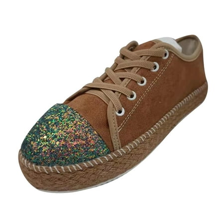 

JINMGG Sneakers for Women Plus Clearance Women Fashion Bandage Splicing Sequins Sports Casual Flat Heel Single Shoes Brown 37