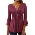 thumbnail image 3 of DDAPJ pyju 3/4 Length Sleeve Womens Pleated Tops Petal Sleeve V Neck Button Up Shirt Eyelet Boho Blouse Ofertas Prime Wine L, 3 of 6