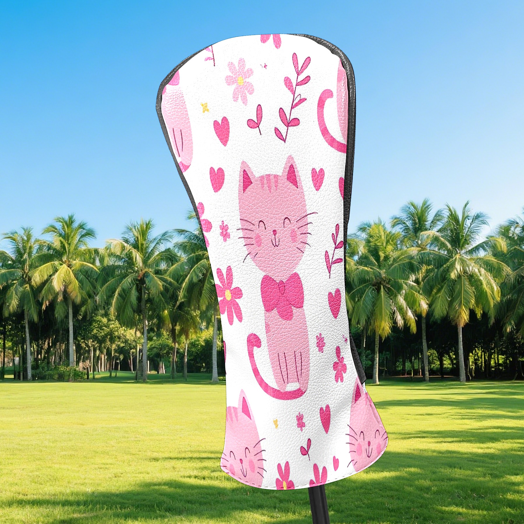 Golf Club Covers, Pink CatFlower Premium PU Leather Driver Hybrid Putter Head Covers with Velvet Lining, Waterproof Golf Gifts for Men Women
