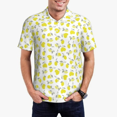 Haiem Yellow Lemon Leaves Pattern Mens Polo Shirts Quick Dry Short Sleeve Golf T Shirt Performance Moisture Wicking Casual Workout-Large