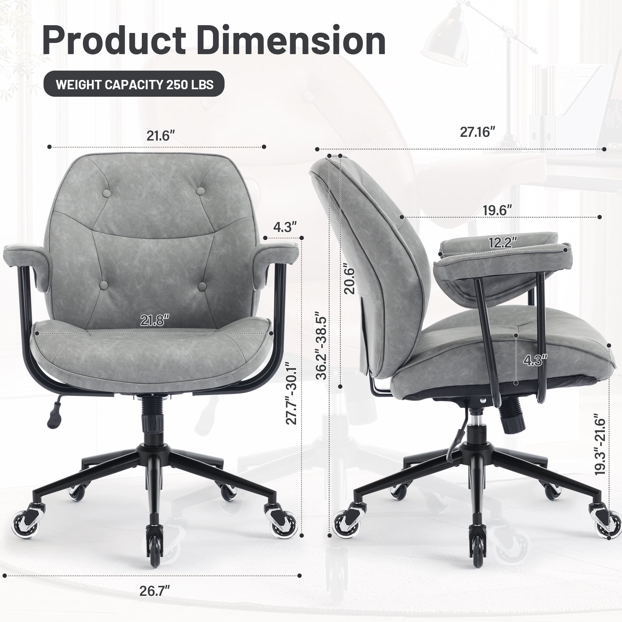 Mid Century Modern Office Desk Chair with Wheels and Arms, Mid Back Ergonomic Office Chair with Lumbar Support, Swivel Leather Computer Desk Chair for All Day Comfort