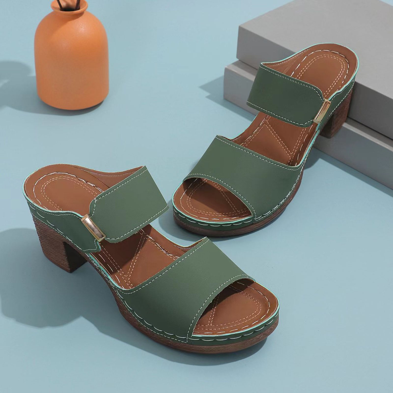 Women's Platform Wedge Sandals Dressy Summer Casual Open Toe Comfortable Mules Slides Breathable Slippers Vacation Summer Dress Shoes Green Size 8