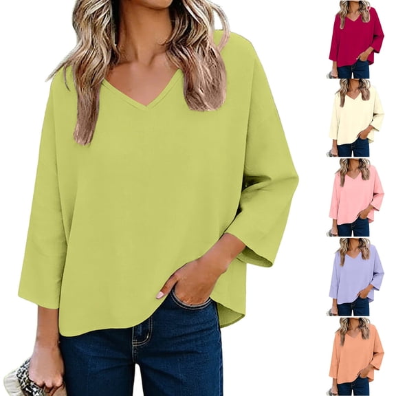 ShaoRunShi 3/4 Sleeve Tops for Women Loose Fit V Neck Tunic Shirts Summer Curve Hem Boxy T-Shirt