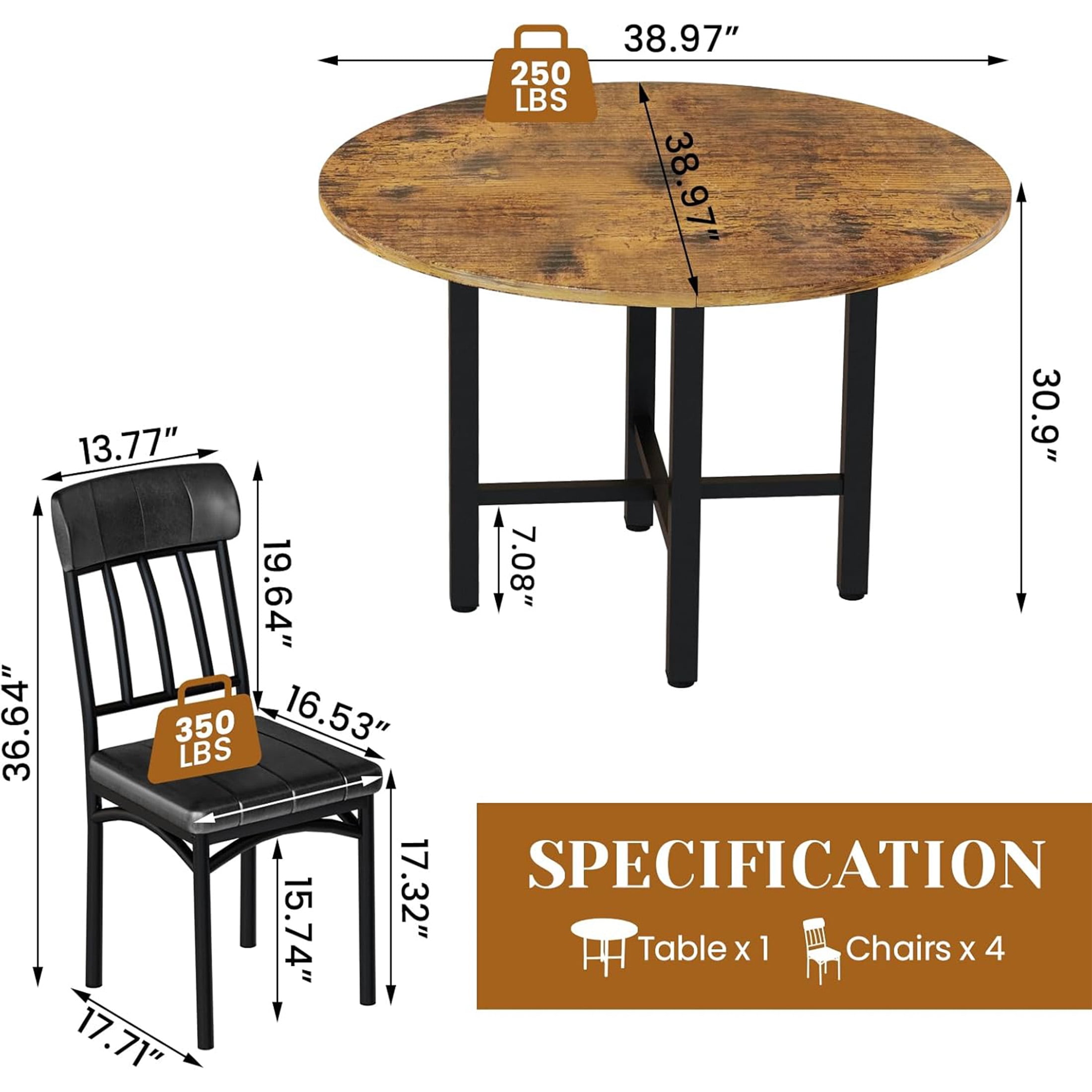 LinkRomat Round Dining Table Set for 4, Modern Dining Room Sets with 4 Faux Leather Chairs, Kitchen Dinner Wooden Table & Chair Set for Small Space, Walnut