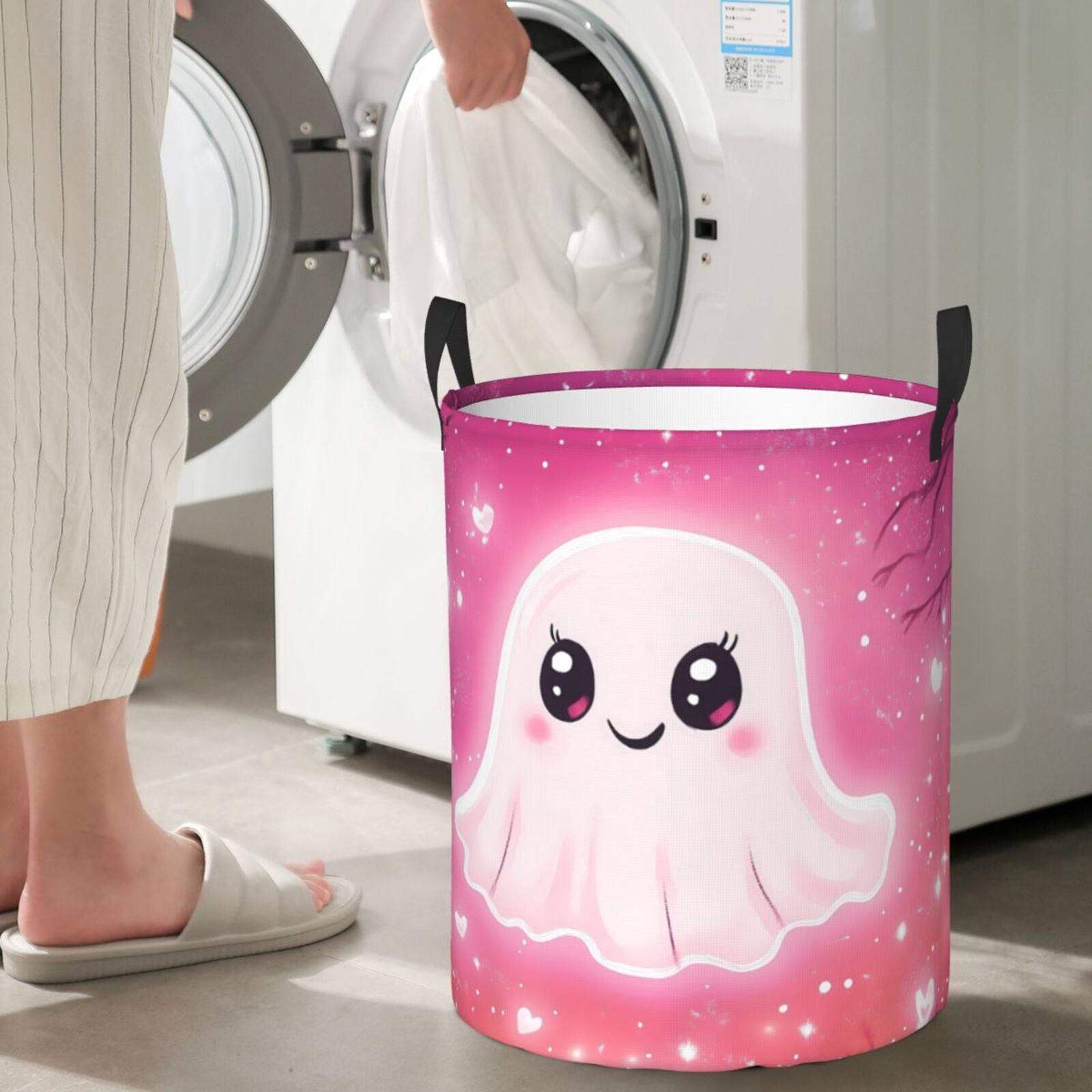 Large Laundry Basket with Handles - Halloween Pink Cute Ghost C Kids Baby Dirty Clothes Laundry Hamper for Bedroom Aesthetic