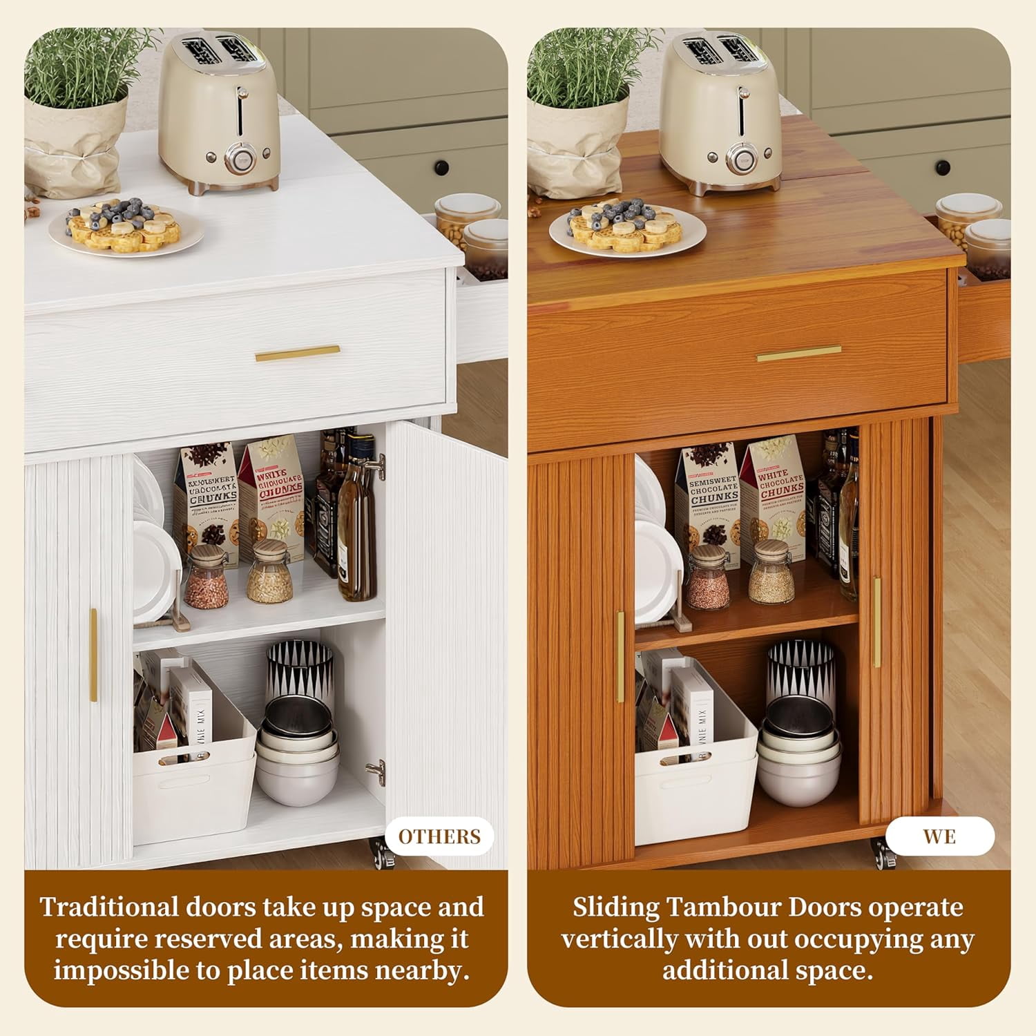 39.4" Rolling Kitchen Island Cart with Drop Leaf Countertop, Sliding Door, Drawers, Spice Rack, and 2-Tier Storage, Yellow Walnut