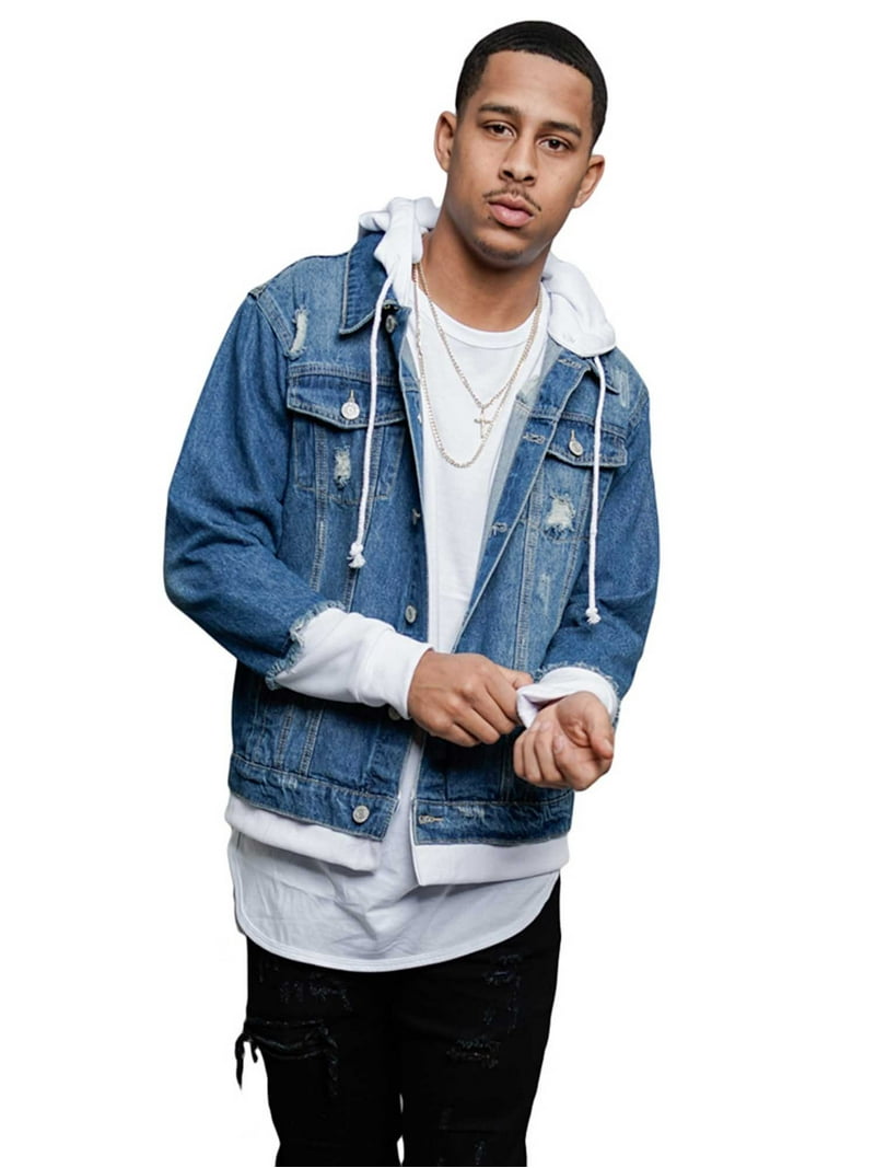 Victorious Men's Hoodie Layered Ripped Denim Jacket with Removable