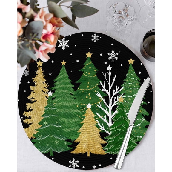 15 Inch Round Placemats Set of 6, Black Christmas Tree Non Slip Heat Insulation PP Table Mats, Green Golden Xmas Tree Snowflake Winter Washable Place Mats for Kitchen Dining Party Table Decor