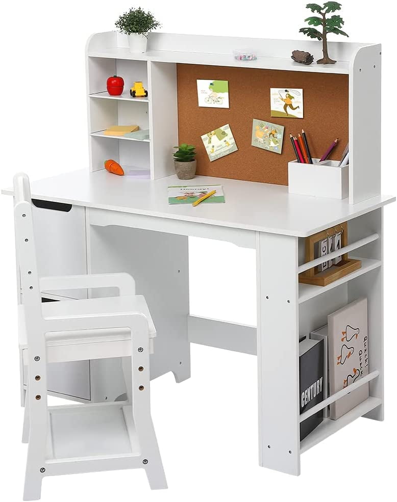 Wooden Study Desk and Chair for Kids White Learning Table with Bookshelf Bulletin Board and Cabinets for Boys and Girls 3 8 Y