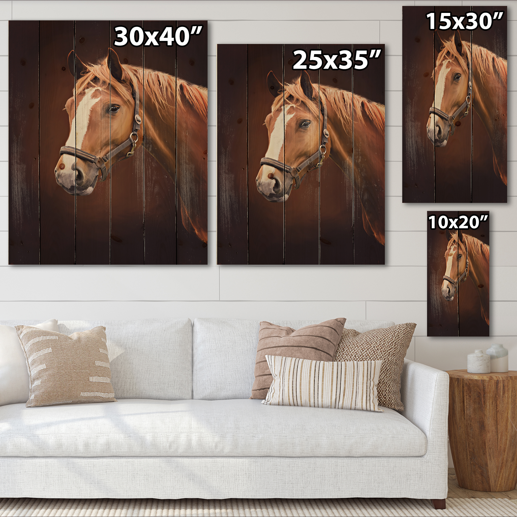 Designart 'Close Up Portrait Of Brown Horse With White Nose II' Farmhouse Print on Natural Pine Wood