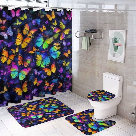 Dreamy Purple Butterfly Pattern (16)-1 Shower Curtain Bathroom Sets Toilet Lid Rug, Bath Mat And Contour Mat, Shower Curtain 4Pcs