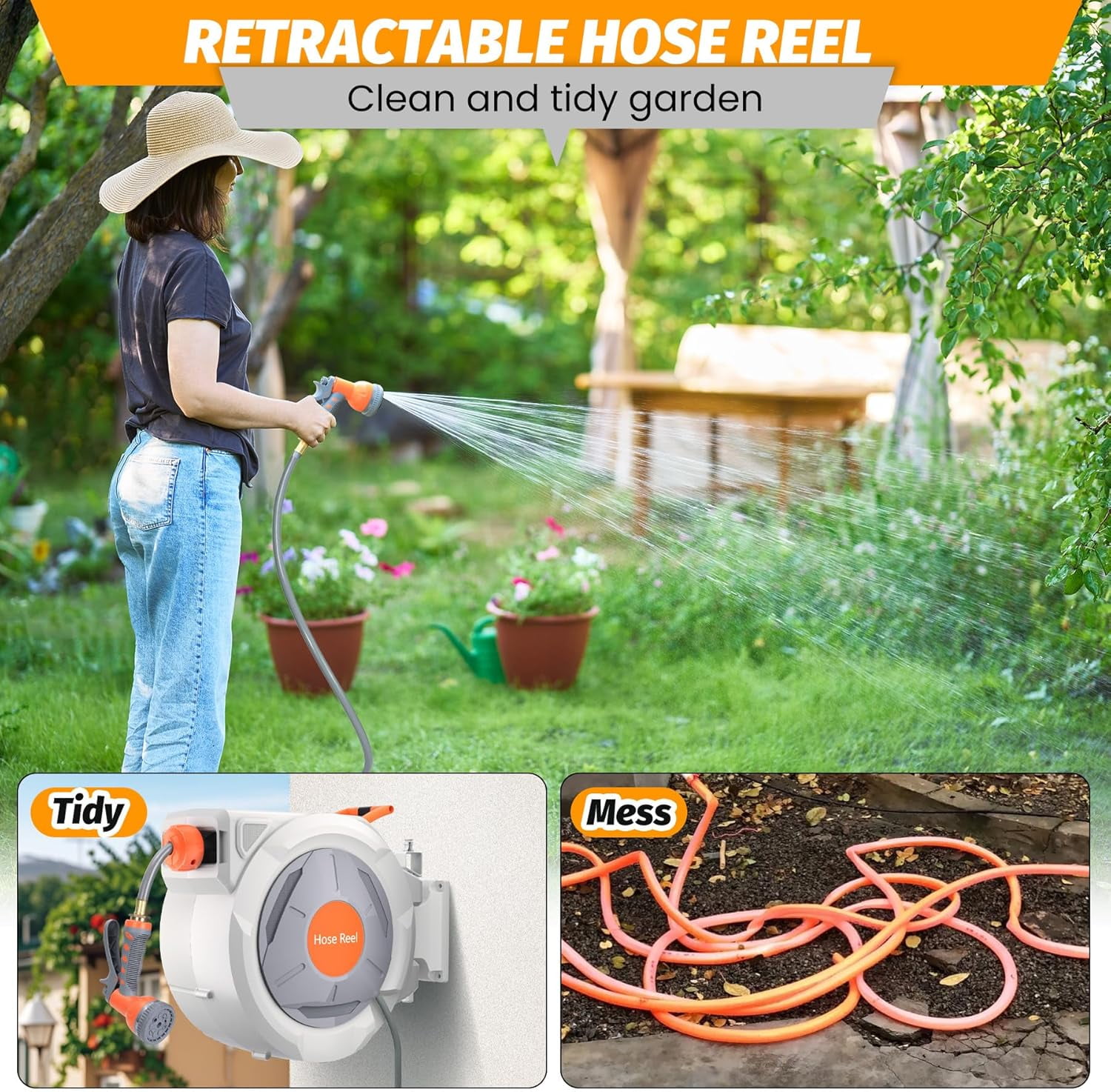 Auto-Retract Wall-Mounted Garden Hose Reel w/9-Pattern Nozzle, 180° Swivel & Any-Length Lock, 600PSI Durable