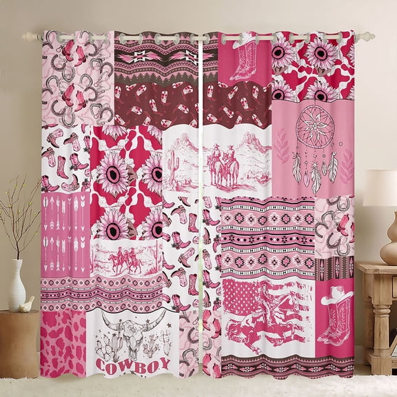 Homewish Western Cowgirl Boots Blackout Curtains Set of 2 (52x84 Each),Rustic Bull Skull Window Curtains,Retro Horseshoe Curtains and Drapes For Girls Boys,Microfiber Bedroom Decor