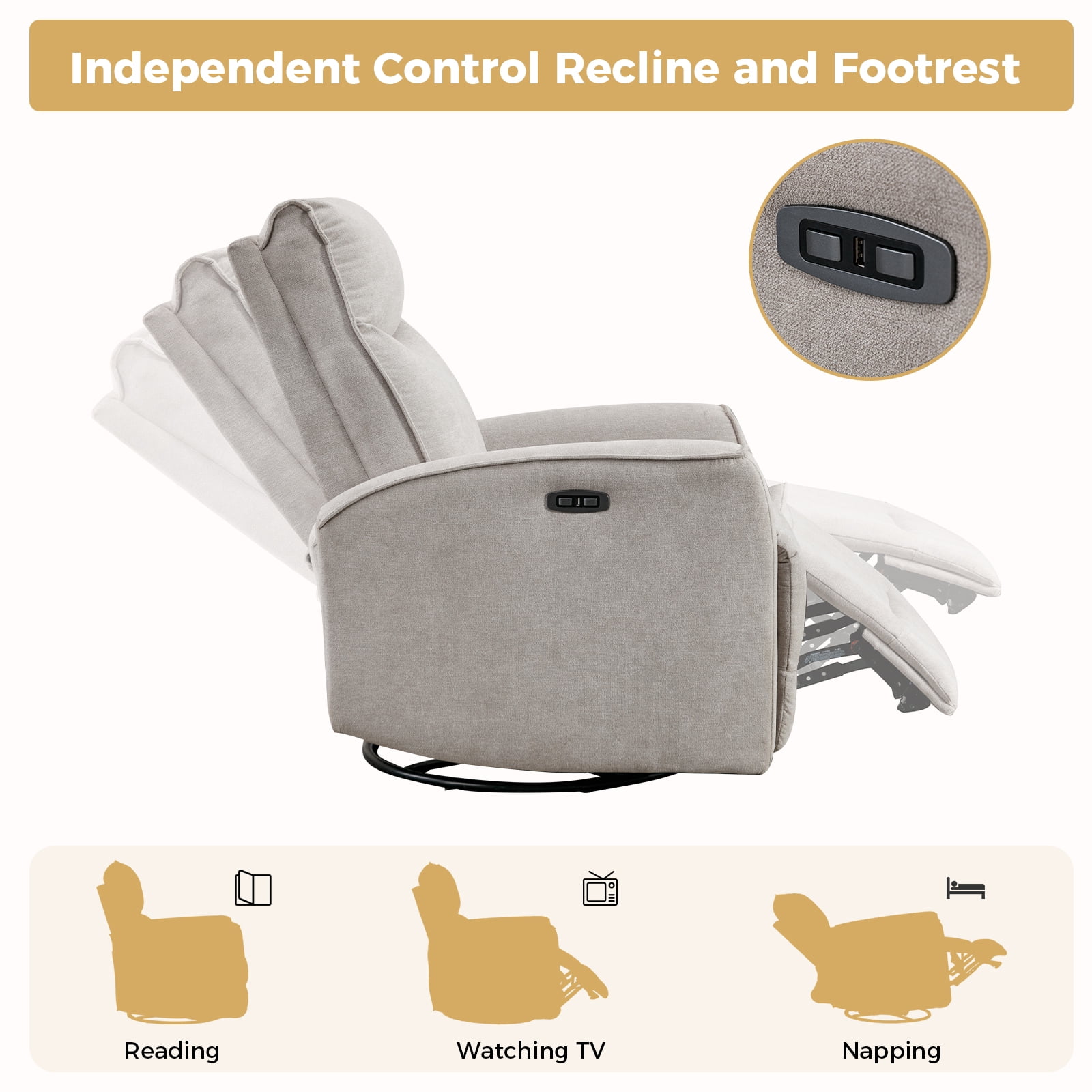 Bonzy Home Electric Recliner Chair, 270° Swivel Recliner Living Room Sofa Chair with USB Ports, Beige