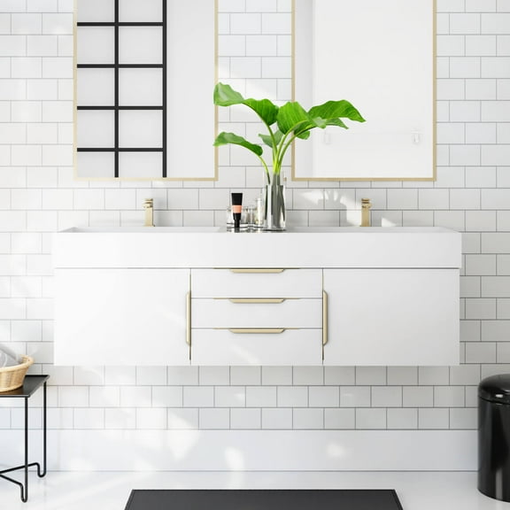 Everdeen 60 Inch Oak Console Floating Vanity with Square Drop-In Sink - White