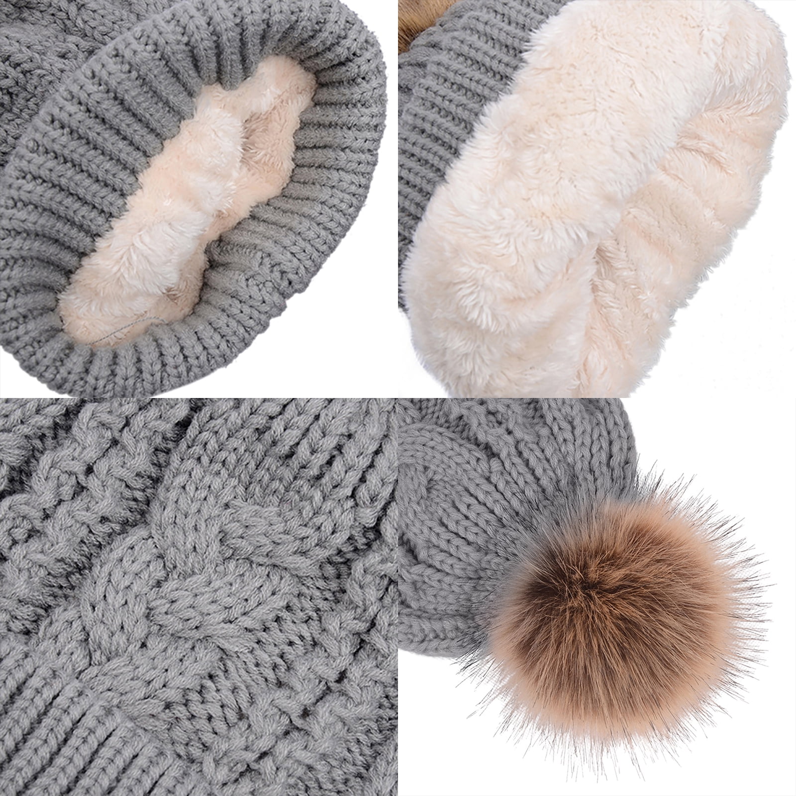 〽️Women light Grey Winter Pom Pom Beanie Hat with Warm Fleece Lined XL Cable Knit Fur Pom Hat, Grey – SpearmintLOVE main image 4