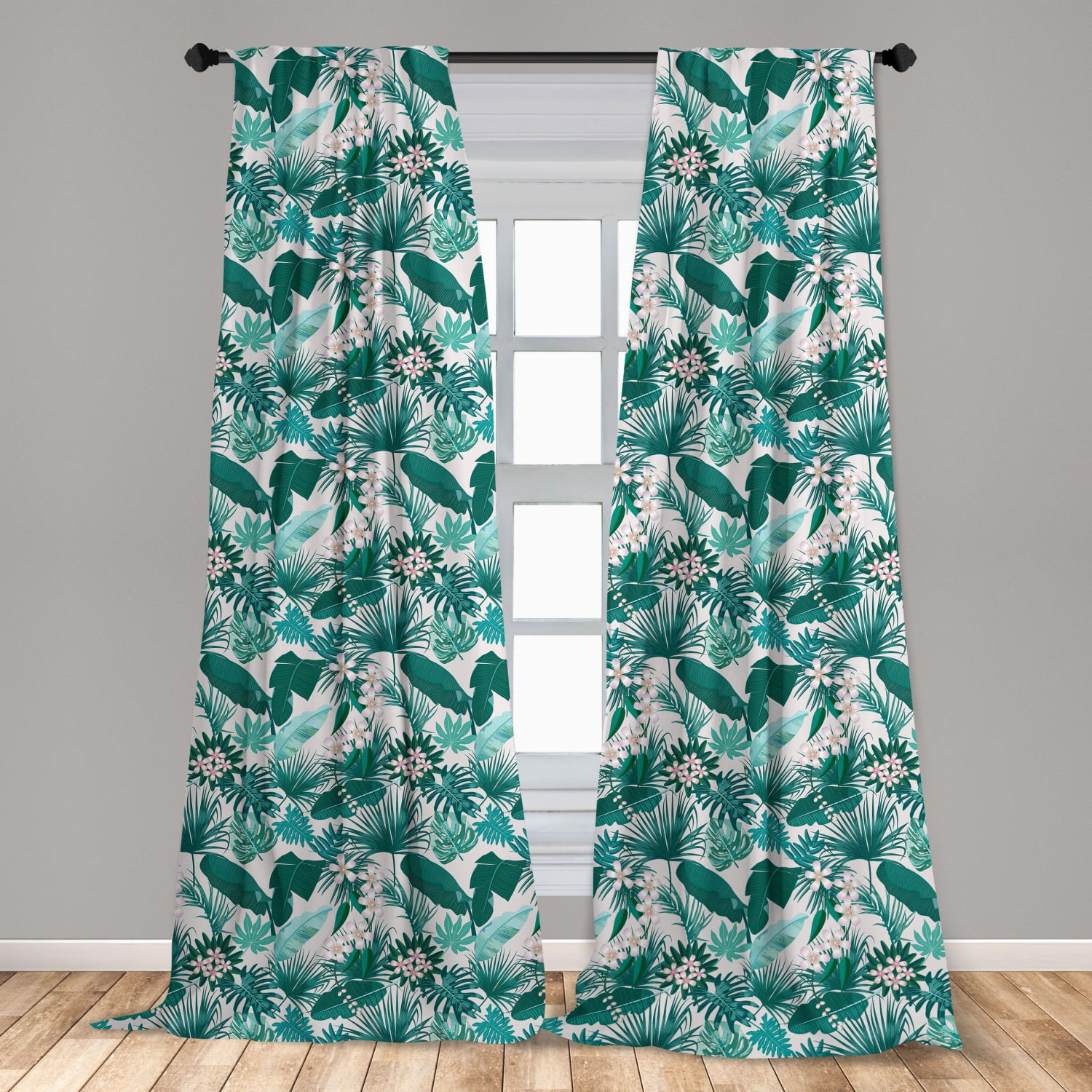 Hawaii Curtains 2 Panels Set, Exotic Summer Blooming Tropical Jungle Flowers and Leaves, Window