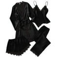 thumbnail image 3 of Oksale 4 PC Satin Pajamas for Women Set Plus Size Lace Trim Long Sleeve Robes and Loose Shorts Sexy Strap Vest Elastic Long Pants Cozy Pjs Sets Black S, 3 of 8