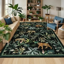 Garvee 8x10 Tiger Area Rug Washable Rug, Tropical Jungle Plant Printed Rugs Non Slip Non Shedding Indoor Rug Carpet for Bedroom Living Room Dining Room, Black