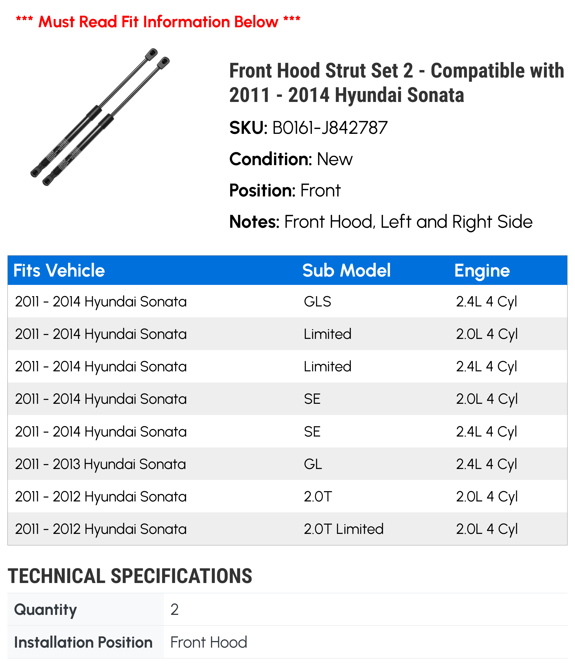 Front Hood Strut Set 2 - Compatible with 2011 - 2014 Hyundai Sonata - Autopart Premium