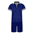 thumbnail image 3 of YDLCAFD Male Casual Striped Print Two Piece Suit Zipper Short Sleeve Top Blouse Suit Drawstring Pocket Short Set, 3 of 5