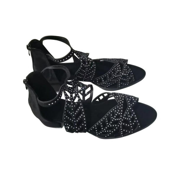 Xfvqtps Heeled Sandals for Women Back Zipper Chunky Block Mid Heels Leaf Shaped Hollow out Rhinestone Peep Toe Sparkly Dressy Beach Summer Roman Sandals Black