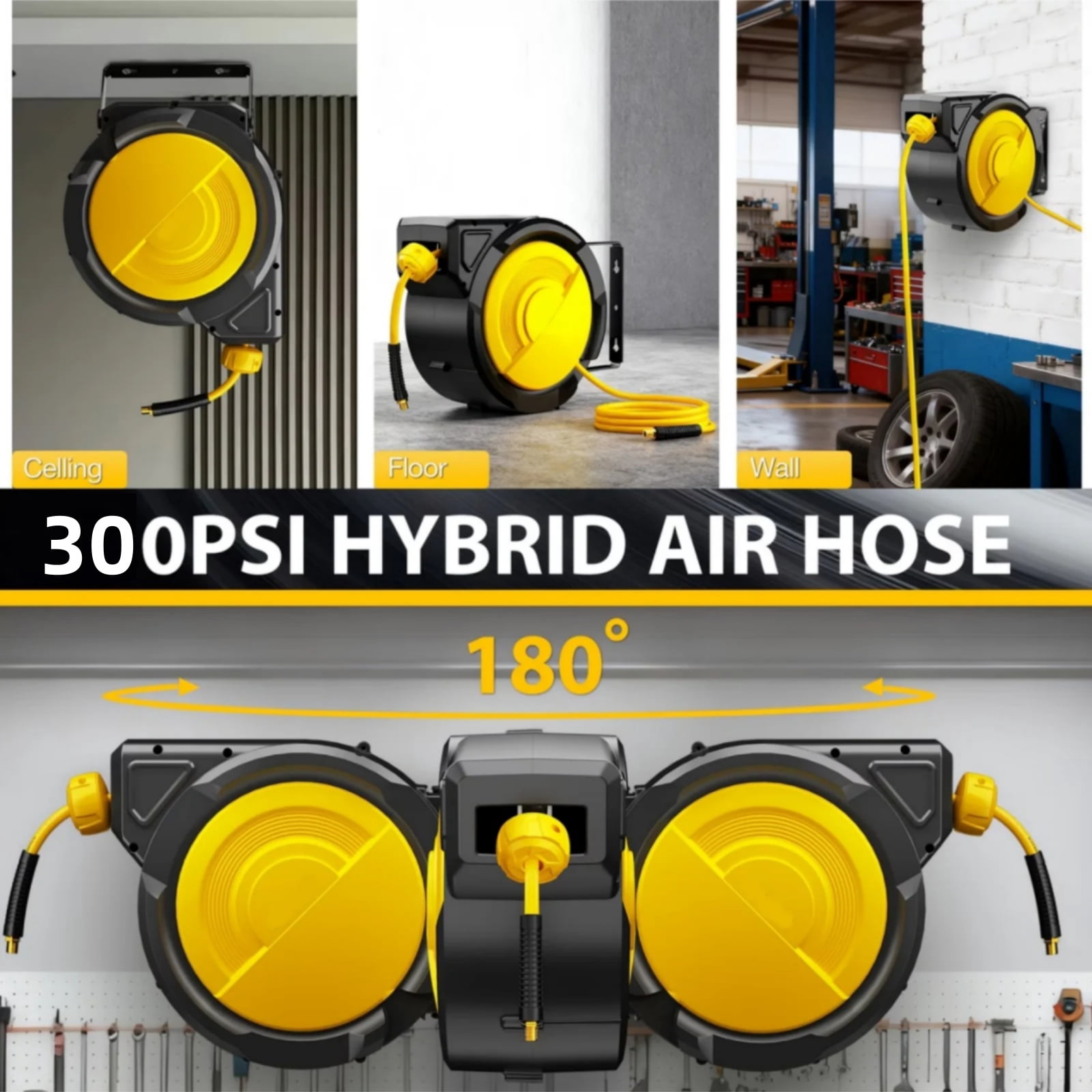 Dkenicor 70ft Retractable Air Hose Reel,5/16" 300 PSI Heavy Duty with 180° Swivel & Lock,6.5ft Lead-in Hose for Garage Workshop,Yellow