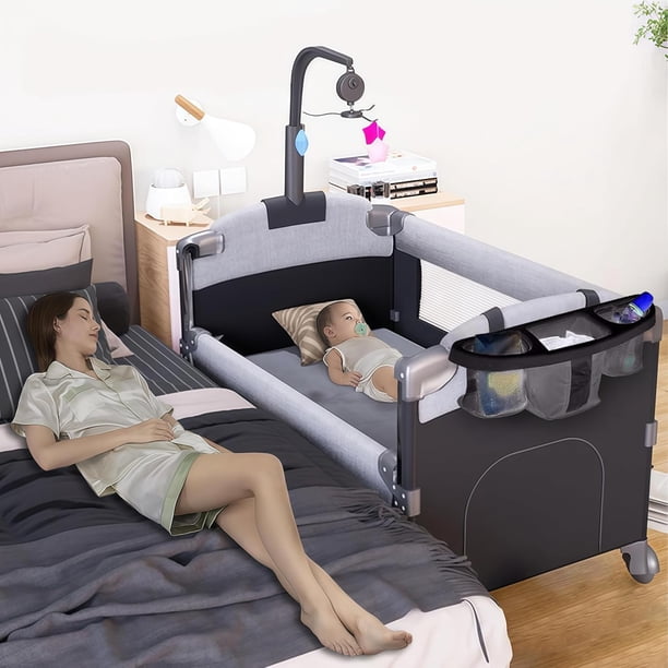 Cuna para Bebe, Cuna Colecho para Bebe Junto a La Cama con Cambiador de Pañales, Colchón, Barra de Juguetes
