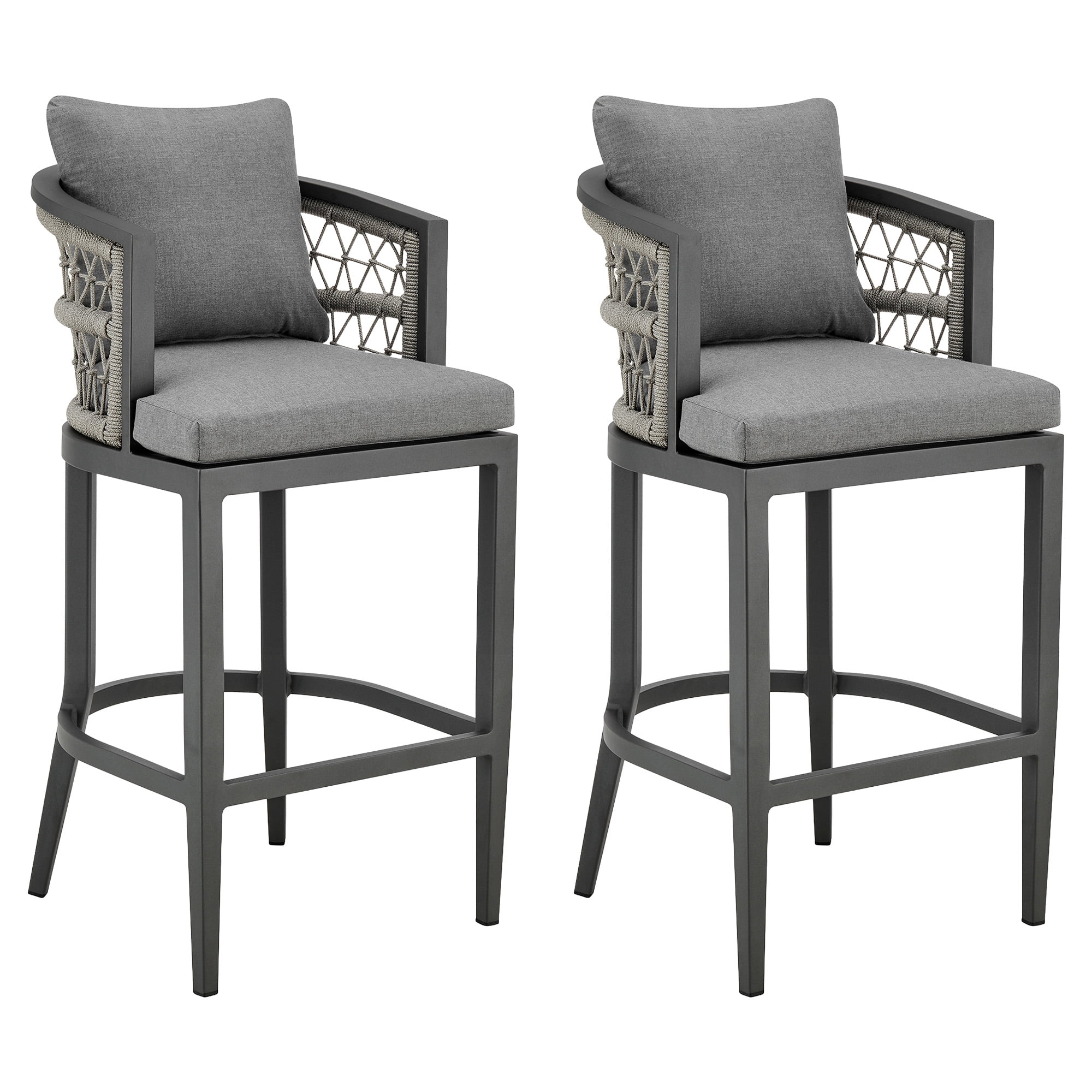 Zella Outdoor Patio Bar Stool in Aluminum with Light Gray Rope and Earl Gray Cushions - Set of 2