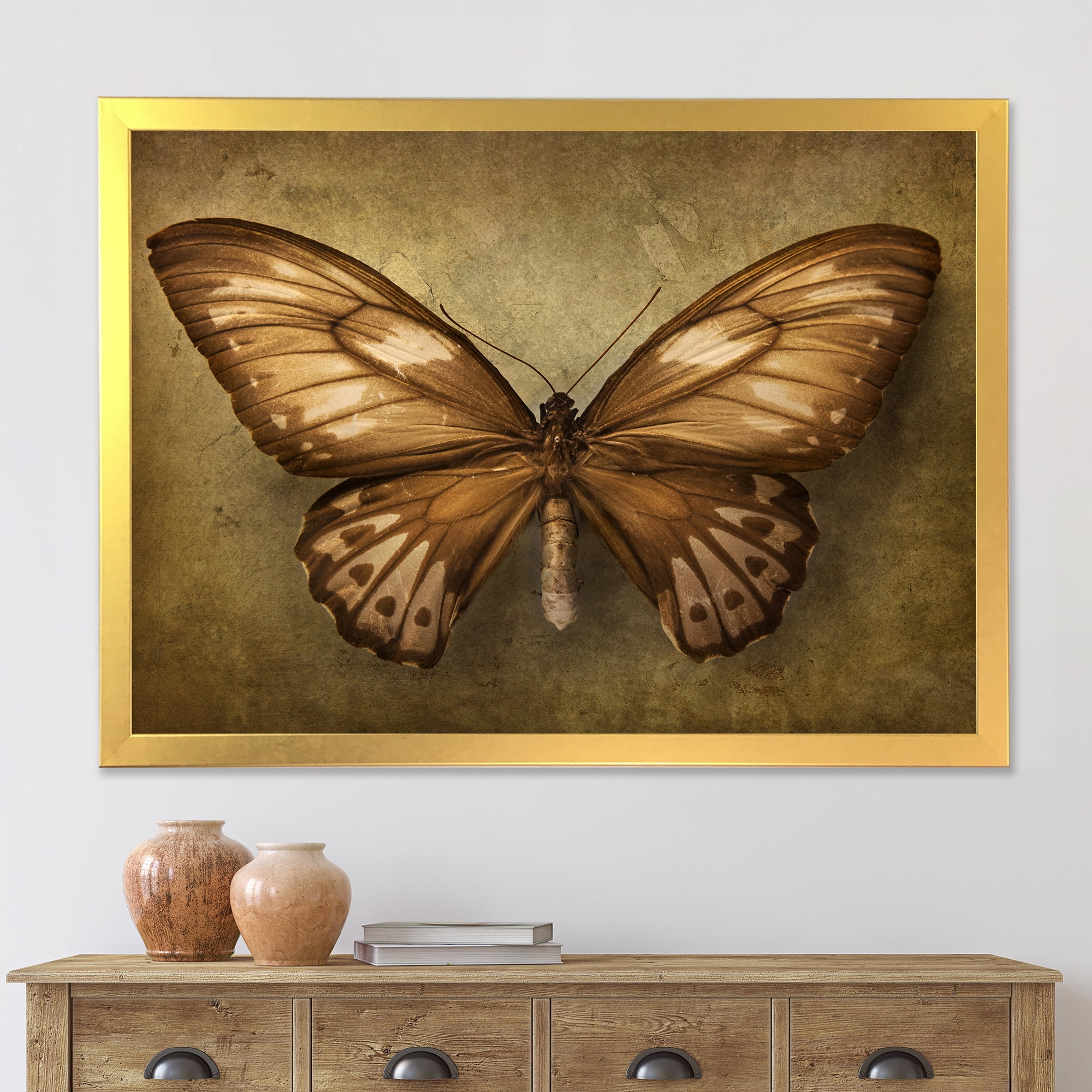 Designart 'Ancient Butterfly In Earth Tones' Vintage Framed Art Print
