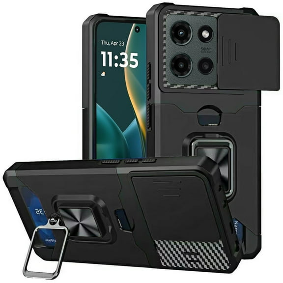 Military Grade All-In-One Ring Stand Card Case for Motorola Moto G Stylus 2025 - Black