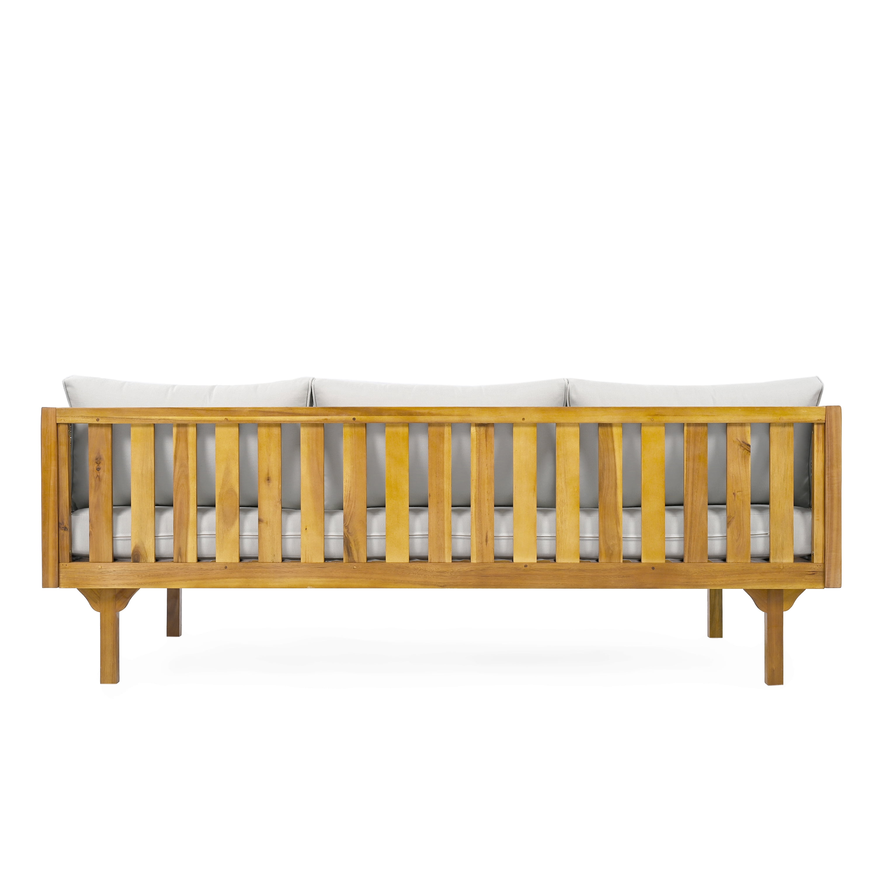 Daybed 3 Seater, Outdoor Daybed, Patio Daybed with Rattan Arms and Acacia Wood Frame, Slat Paneling and Water-Resistant Cushions, Backyard Lounge Furniture, Light Grey Cushion