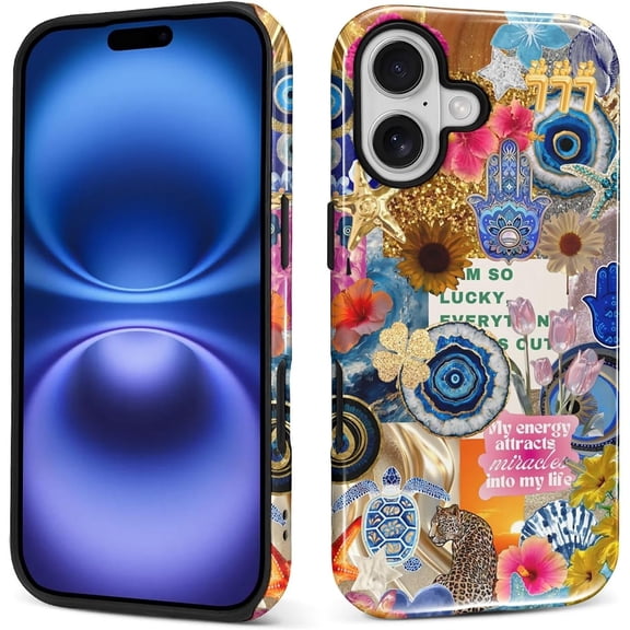 Case for iPhone 17, Hybrid Heavy Duty 2 in 1 Full Body Rugged Shockproof Protection Glossy Case for iPhone 17 Gold Blue Collage Turtle Flower
