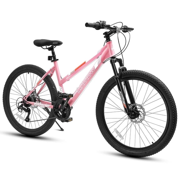 24 inch Women Mountain Bike, 21 Speeds Mountain Bicycle with Steel Frame, Dual Disc Brakes and 100mm Front Suspension, MTB Bike for Urban Trail Snow Commuter, Pink