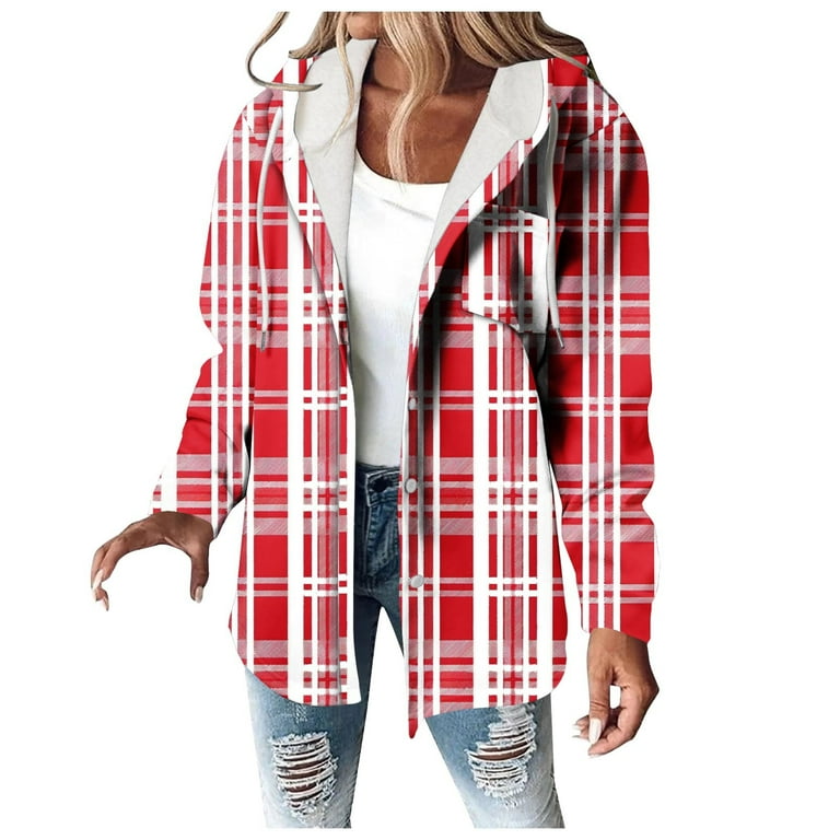 Sakmal Open Front Jackets for Women Flannel Plus Size Red Jacket