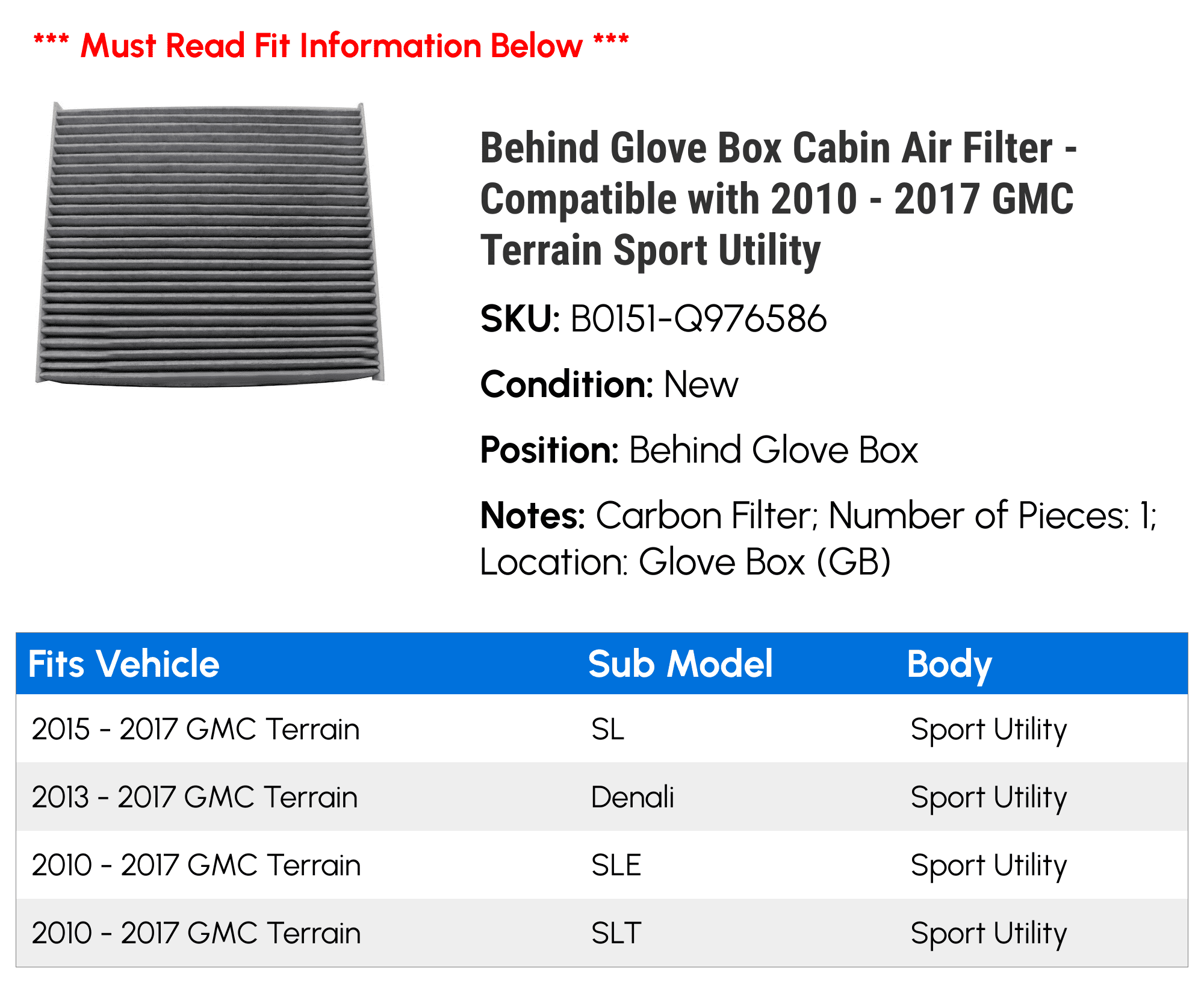 Behind Glove Box Cabin Air Filter - Compatible with 2010 - 2017 GMC Terrain Sport Utility 2011 2012 2013 2014 2015 2016