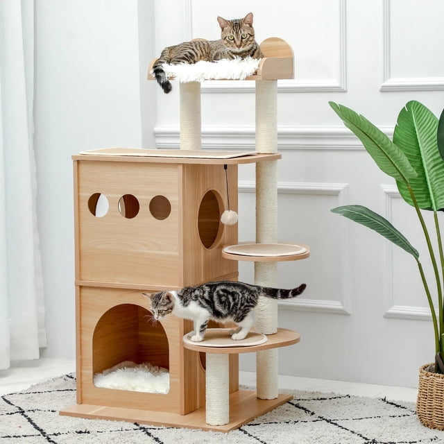 Modern Cat Tree Wooden Multi-Level Cat Scraper Tower Luxury Nest Cat Climbing Frame Cozy Condos Deeper Version Dangling Balls ShopWise Round