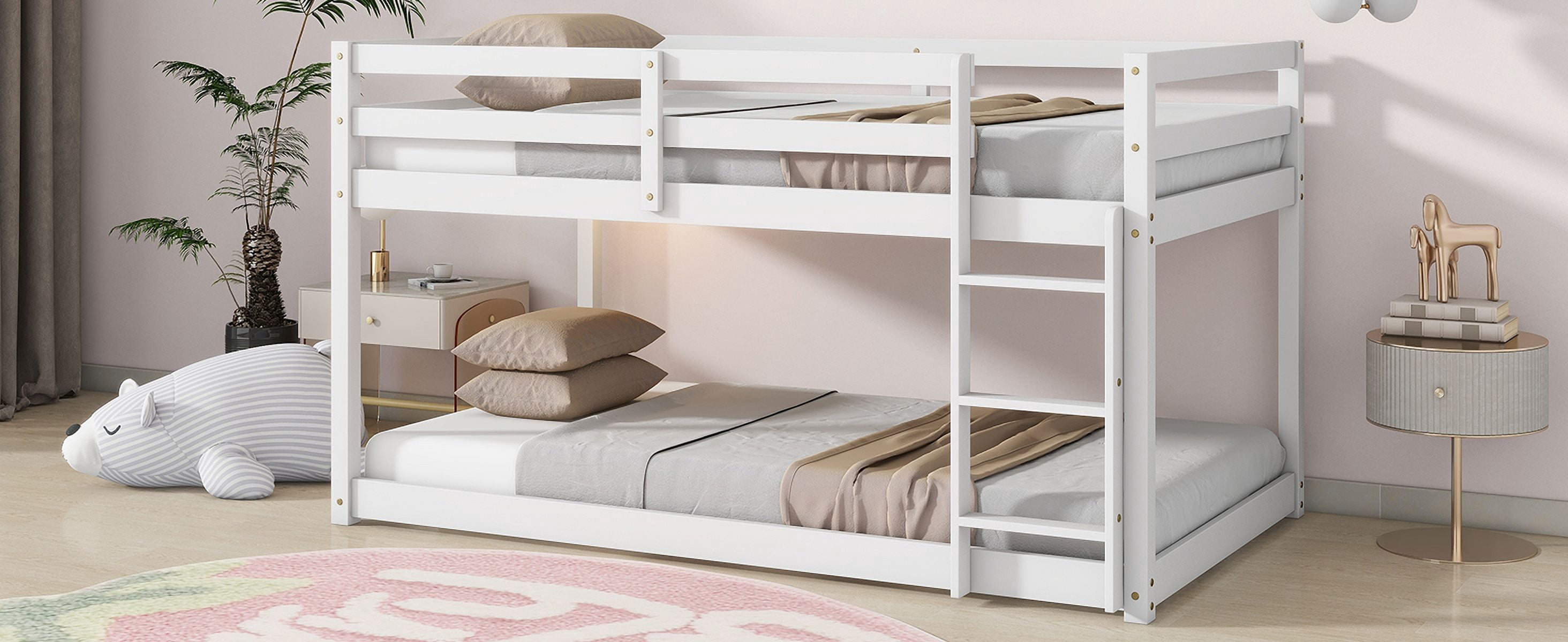 Solid Wooden, Solid Rubber Wooden Twin over Twin Floor Bunk Bed with Ladder, with Bed Platform of Strengthened Slats,White