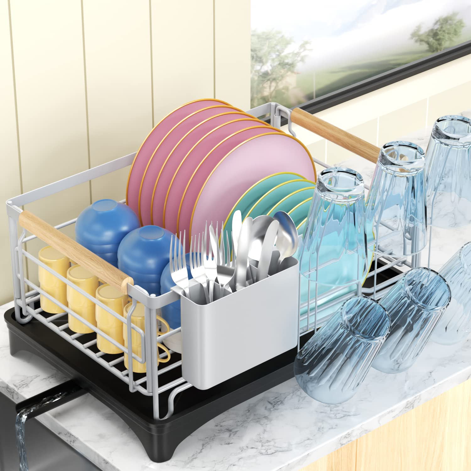 Dish Drying Rack, Dish Rack for Kitchen Counter, Rust-Proof Dish Drainer  with Drying Board and Utensil Holder for Kitchen Counter Cabinet,  16.6\u201d L× 12.6\u201dW× 7.8\u201dH, Milk White 