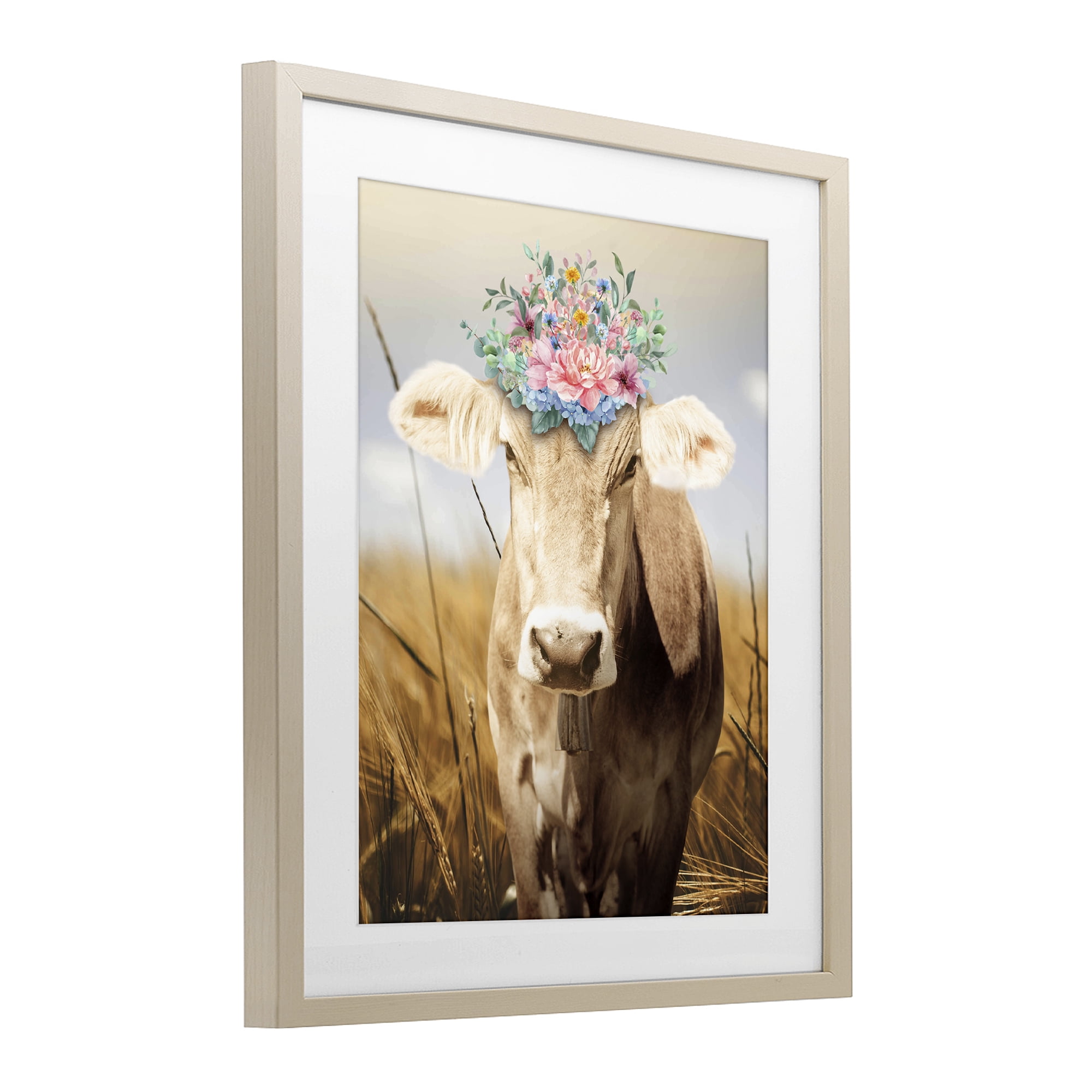 Stupell Industries Chatty Belle Cow with Florals Birch Framed Print Under Glass, design by Marcus Prime
