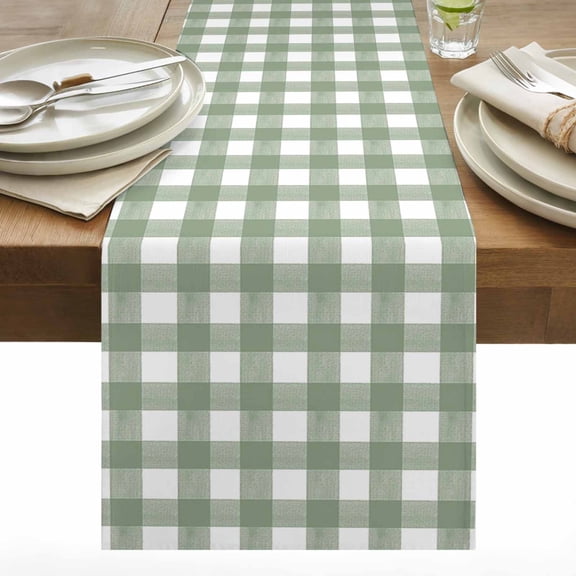 Sage Green Table Runner 13x36 inch Buffalo Plaid Cotton Linen Dining Table Runner Ideal for Dresser Kitchen Coffee Tables - Machine Washable